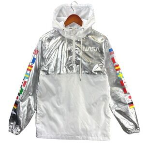 Hyper Space NASA Windbreaker Anorak Jacket Mens S Silver White Flag Sleeve Space